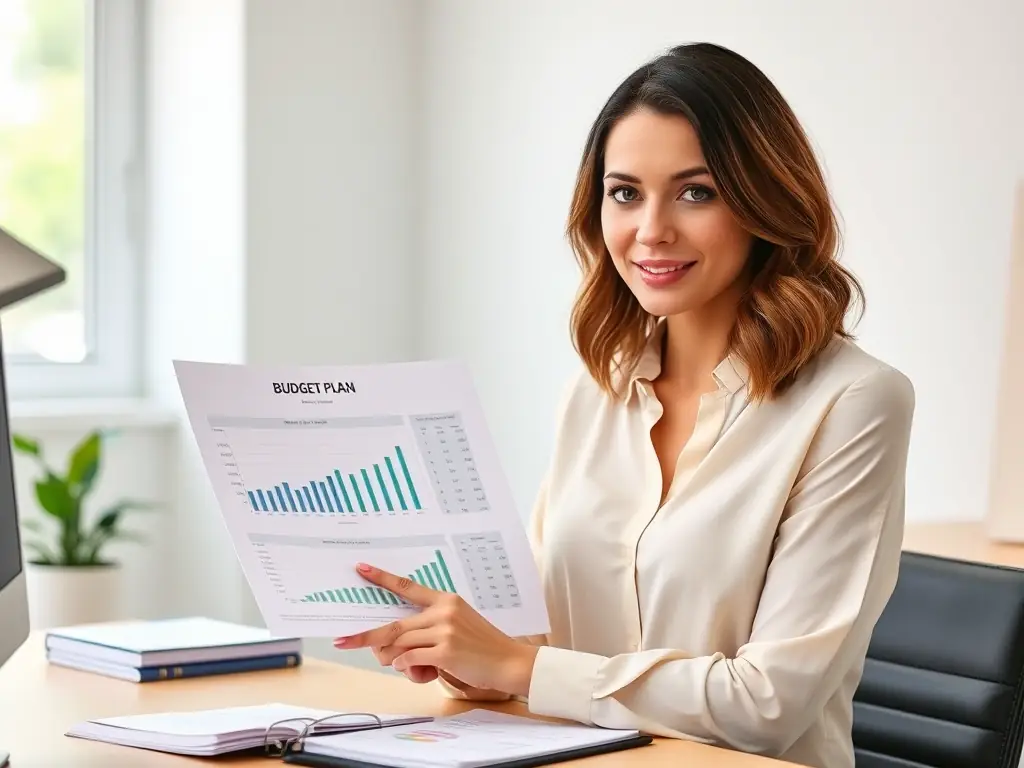 A business owner confidently presenting a budget plan, showcasing the effectiveness of RoyalUserZone's budgeting tools.