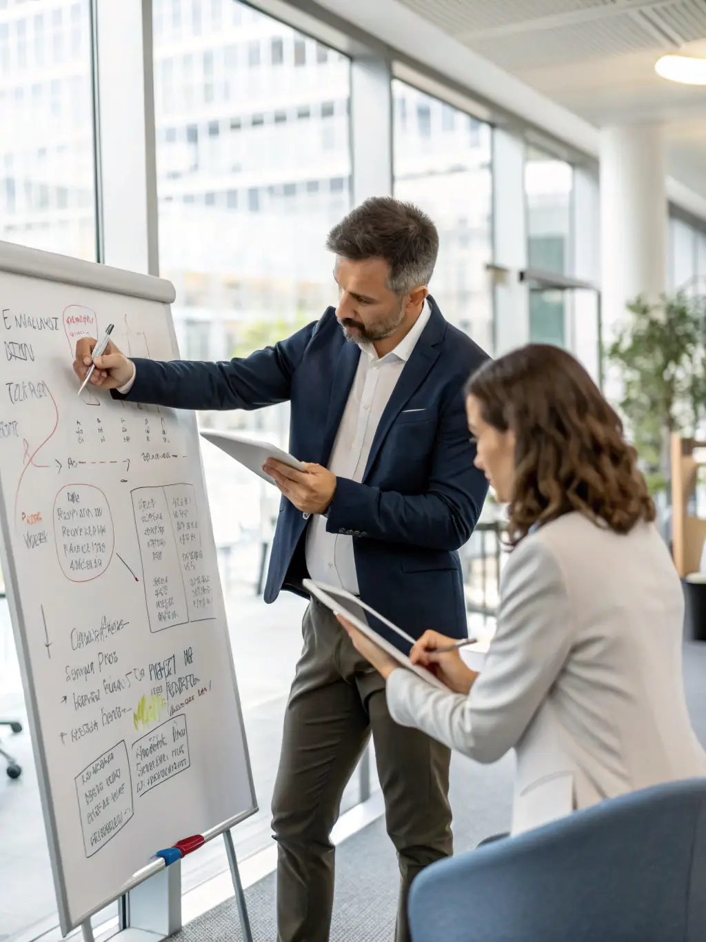 A business coach explaining cash flow management techniques to a small business owner, using a whiteboard with diagrams and financial projections.