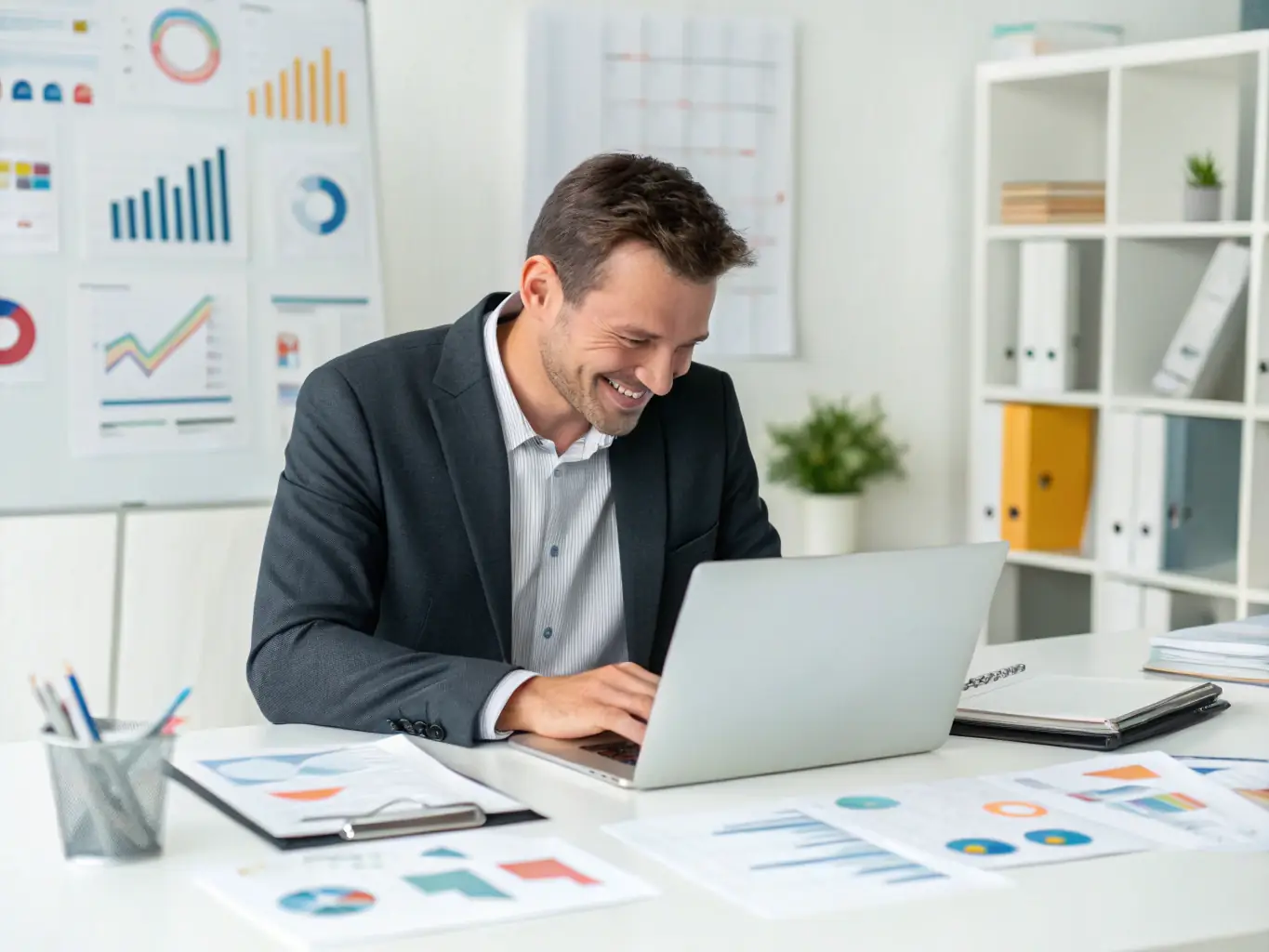 A small business owner reviewing financial reports with a satisfied expression, highlighting the positive impact of RoyalUserZone's financial guidance.