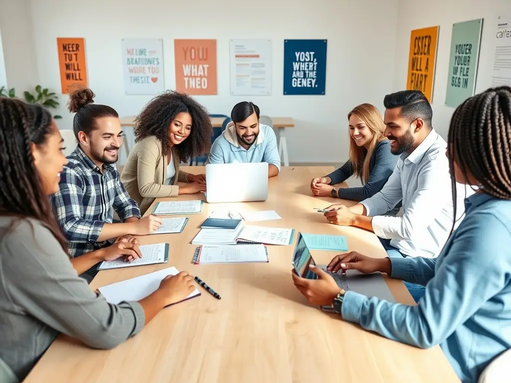 A diverse group of small business owners collaborating in a modern co-working space, discussing financial strategies and sharing insights, with laptops and notebooks scattered around the table.