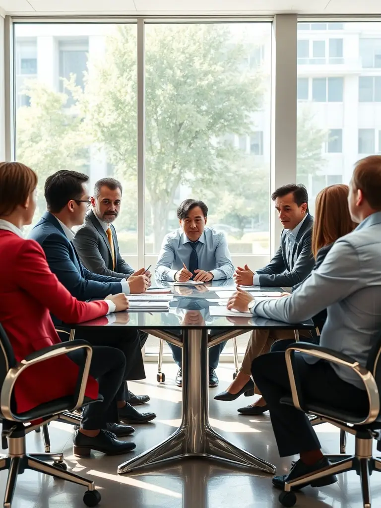 A diverse group of small business owners discussing investment strategies with a financial advisor in a modern conference room, fostering a sense of community and growth.