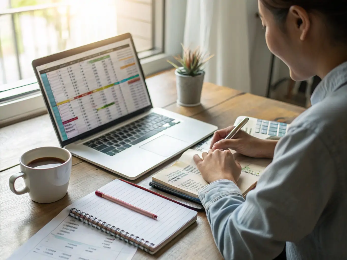 A business owner reviewing financial reports at a modern, minimalist desk, bathed in natural light, with a laptop displaying a budgeting spreadsheet and a cup of coffee nearby, symbolizing focused financial planning.